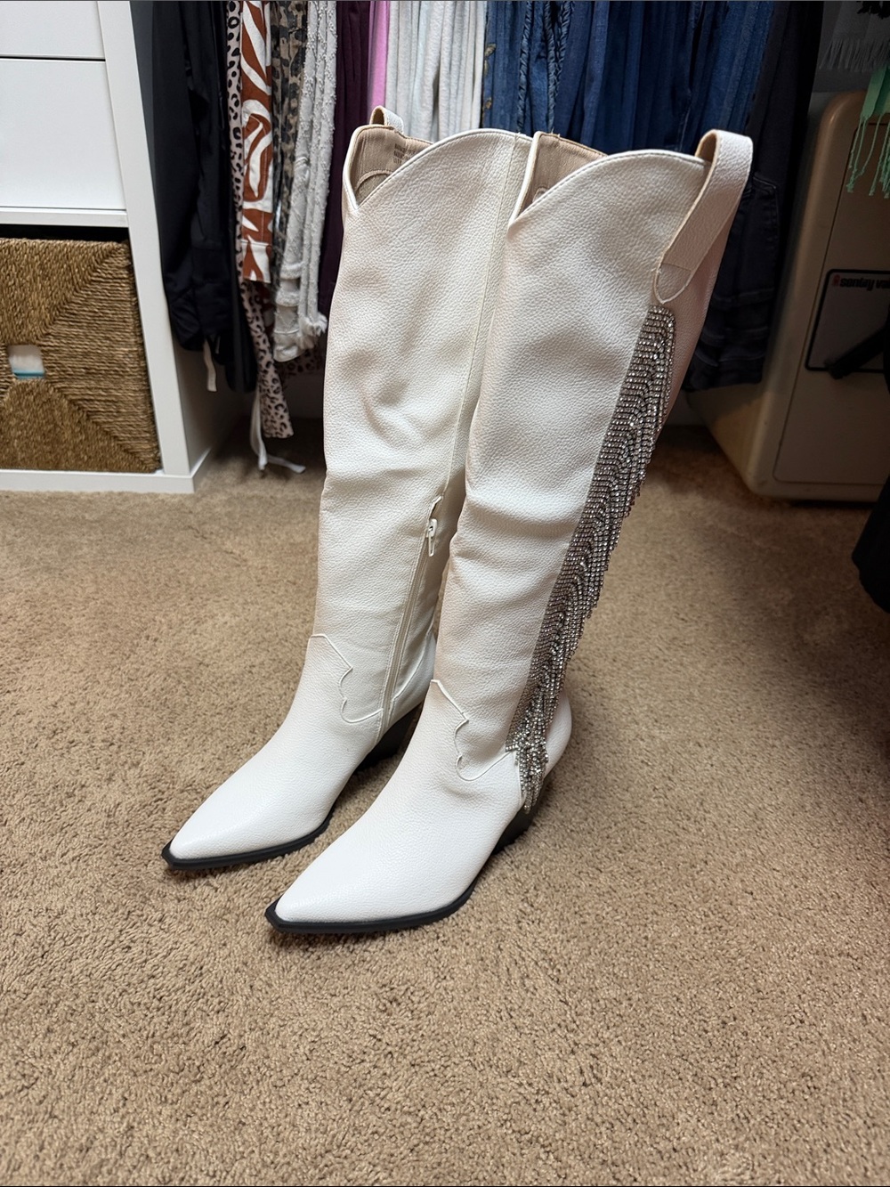 Brand New White Fringe Over-the-Knee Western Boots with Chain Detail
